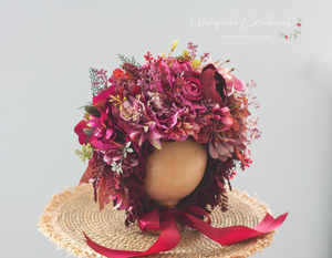Handmade Flower Bonnet for Babies 12-24 Months |Red, Burgundy | Artificial Flower Headpiece for Photography