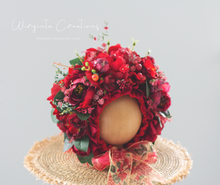 Load image into Gallery viewer, Handmade Flower Bonnet for Babies 12-24 Months| Red | Artificial Flower Headpiece for Photography