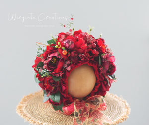 Handmade Flower Bonnet for Babies 12-24 Months| Red | Artificial Flower Headpiece for Photography