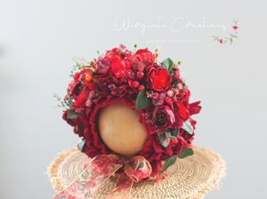 Handmade Flower Bonnet for Babies 12-24 Months| Red | Artificial Flower Headpiece for Photography