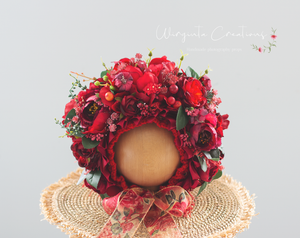 Handmade Flower Bonnet for Babies 12-24 Months| Red | Artificial Flower Headpiece for Photography
