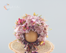 Load image into Gallery viewer, Handmade Hydragea Flower Bonnet for Babies 12-24 Months | Mauve, Dusty Pink| Photography Headpiece | Ready to Ship