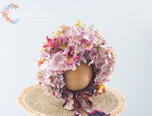 Load image into Gallery viewer, Handmade Hydragea Flower Bonnet for Babies 12-24 Months | Mauve, Dusty Pink| Photography Headpiece | Ready to Ship