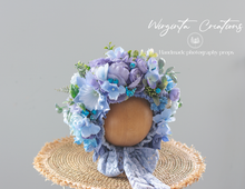 Load image into Gallery viewer, Light Blue Flower Bonnet for 6-24 Months Old | Photography Prop | Artificial Flower Headpiece