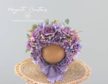 Load image into Gallery viewer, Handmade Flower Bonnet for Babies 6-24 Months | Purple | Artificial Flower Headpiece for Photography