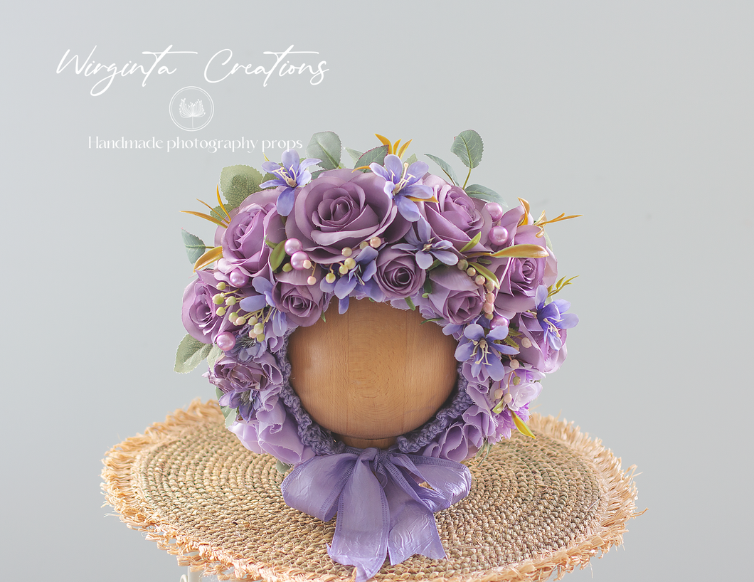 Handmade Flower Bonnet for Babies 6-24 Months | Purple | Artificial Flower Headpiece for Photography