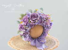 Load image into Gallery viewer, Handmade Flower Bonnet for Babies 6-24 Months | Purple | Artificial Flower Headpiece for Photography