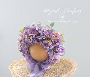 Handmade Flower Bonnet for Babies 6-24 Months | Purple | Artificial Flower Headpiece for Photography