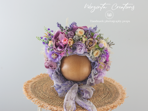 Purple, Lilac Flower Bonnet for 6-24 Months Old | Photography Prop | Artificial Flower Headpiece