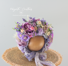 Load image into Gallery viewer, Purple, Lilac Flower Bonnet for 6-24 Months Old | Photography Prop | Artificial Flower Headpiece