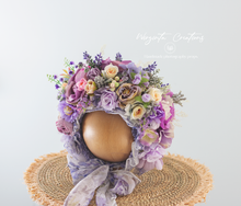 Load image into Gallery viewer, Purple, Lilac Flower Bonnet for 6-24 Months Old | Photography Prop | Artificial Flower Headpiece