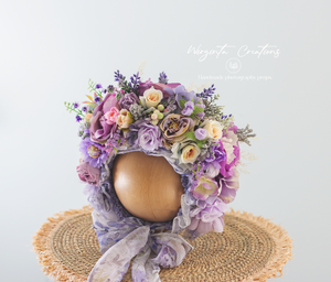 Purple, Lilac Flower Bonnet for 6-24 Months Old | Photography Prop | Artificial Flower Headpiece