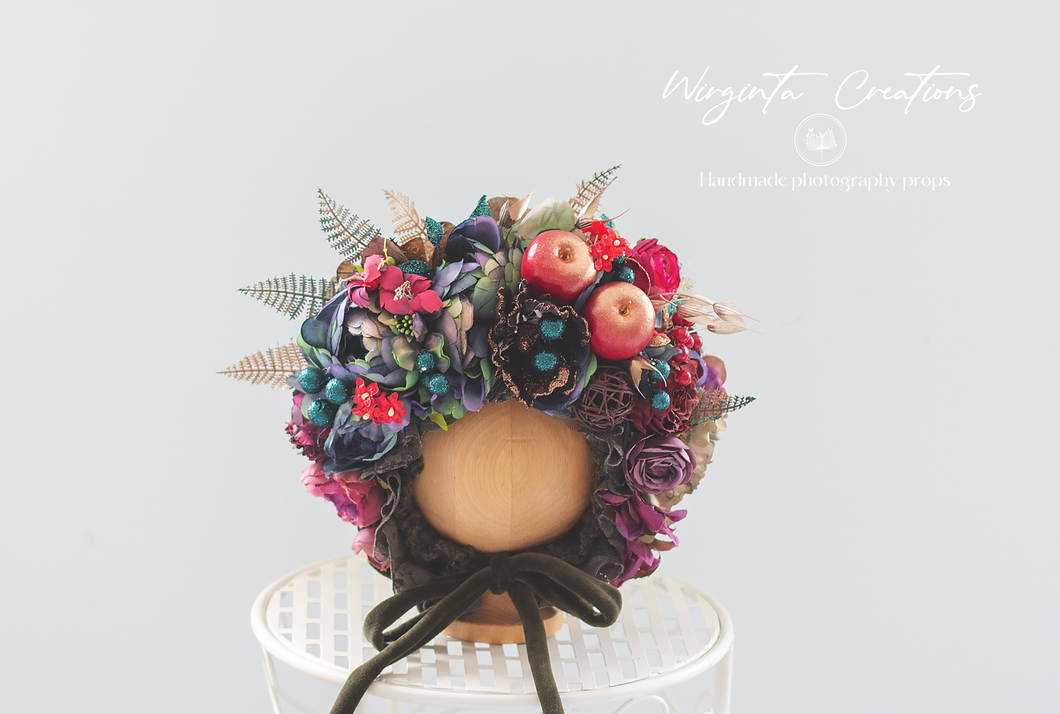 Handmade Flower Bonnet for Babies 12-24 Months | Dark Khaki | Artificial Flower Headpiece for Photography