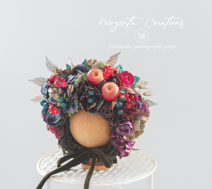 Handmade Flower Bonnet for Babies 12-24 Months | Dark Khaki | Artificial Flower Headpiece for Photography