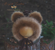 Load image into Gallery viewer, Handmade Tattered Style Teddy Bear Bonnet for 6-24 Months Old - Brown