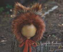 Load image into Gallery viewer, Handmade fox bonnet for 6-24 months old.  Burnt orange, tattered style decorated with faux fur.