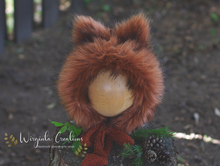 Load image into Gallery viewer, Burnt orange fox bonnet for photography. Size 12-24 months old. Tattered base, decorated with faux fur