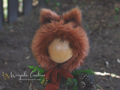 Burnt orange fox bonnet for photography. Size 12-24 months old. Tattered base, decorated with faux fur