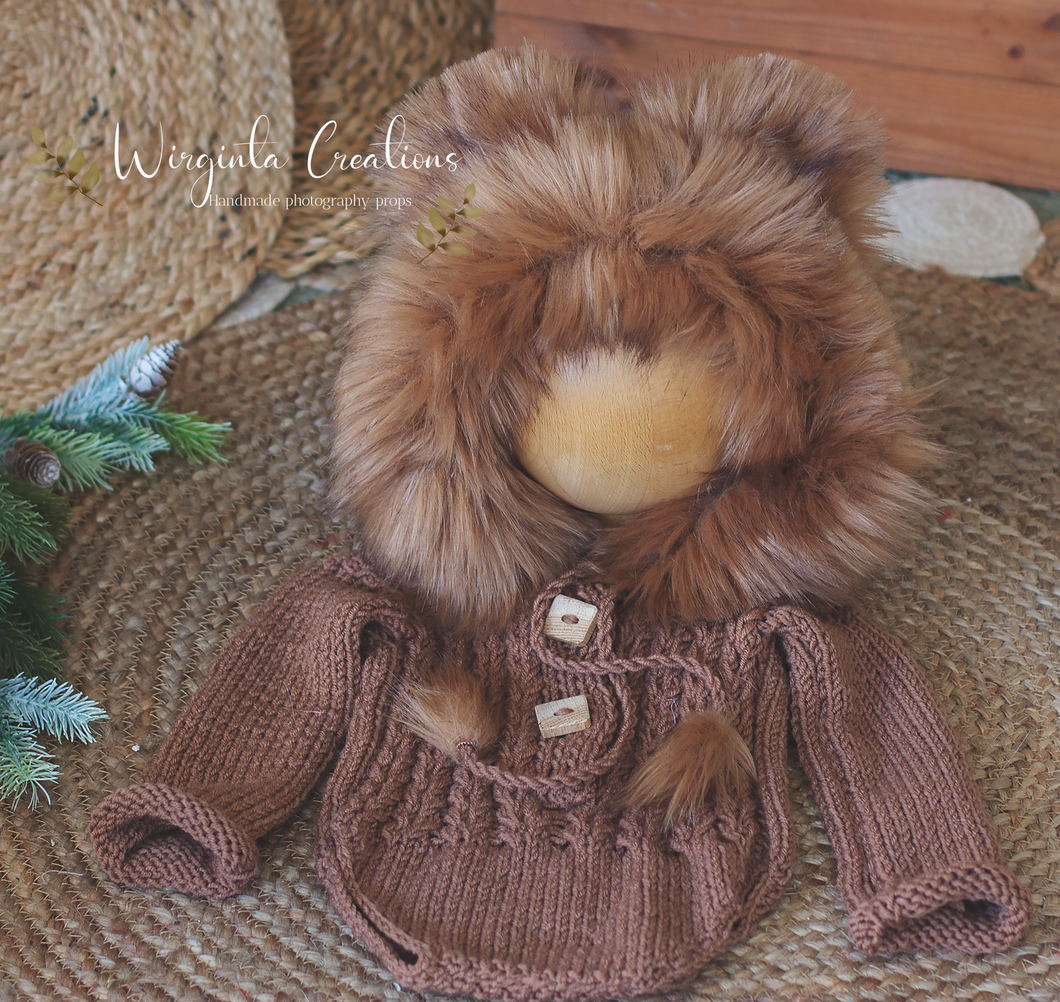 Brown Hooded Teddy Bear Photography Prop Outfit | 6-12 Months Old