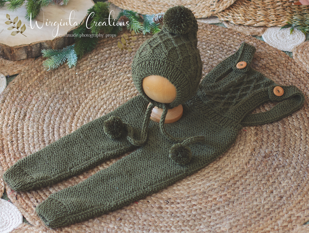 Handmade Bonnet and Matching Dungarees Outfit for 12-24 Months Old - Khaki