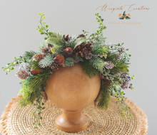 Load image into Gallery viewer, Green Festive Headpiece | Christmas Photography Crown | Artificial Pine Cone Headband | From 12 Months to an Adult