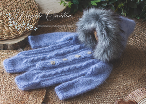 Mohair blue knitted hooded "Eskimo" style romper for 12-24 months old. Children photography prop, outfit