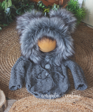 Load image into Gallery viewer, Grey knitted hooded teddy bear romper for 6-12 months old. Children photography prop, outfit