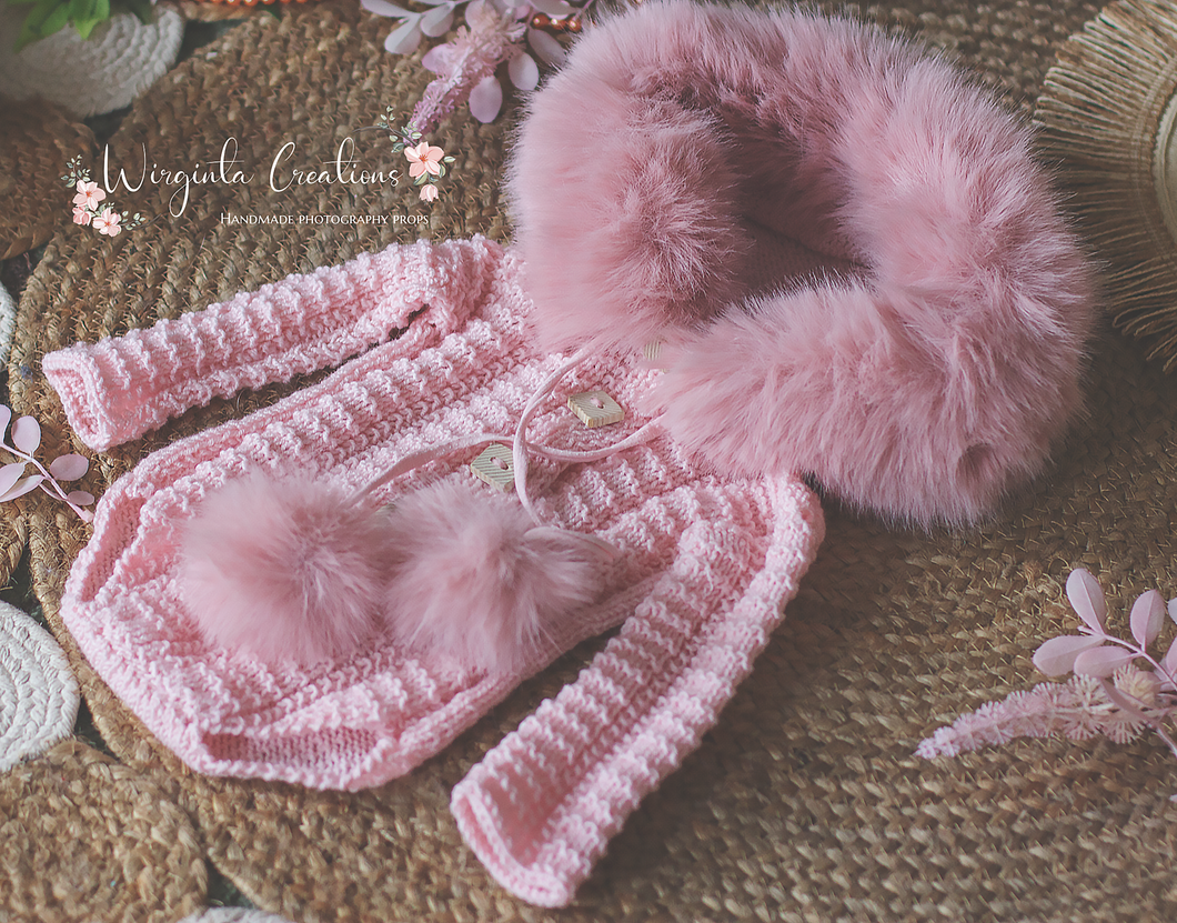 Handmade Baby Pink Knitted Hooded Romper Photography Prop for 6-12 Months Old, Unique Stitch