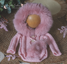 Load image into Gallery viewer, Handmade Baby Pink Knitted Hooded Romper Photography Prop for 6-12 Months Old, Unique Stitch