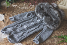 Load image into Gallery viewer, Light Grey knitted hooded romper for 12-24 months old. Children photography prop, outfit