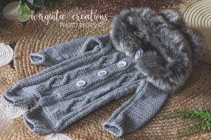 Light Grey knitted hooded romper for 12-24 months old. Children photography prop, outfit