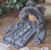 Load image into Gallery viewer, Light Grey knitted hooded romper for 12-24 months old. Children photography prop, outfit