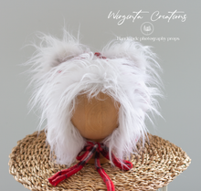 Load image into Gallery viewer, Handmade Tattered Style Teddy Bear Bonnet for 12-24 Months Old - White, Red