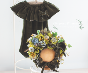 Flower Bonnet and Matching outfit for 12-24 months old. Dusty khaki