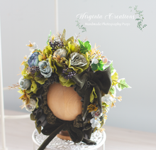 Load image into Gallery viewer, Flower Bonnet and Matching outfit for 12-24 months old. Dusty khaki