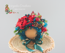Load image into Gallery viewer, Handmade Flower Bonnet for Babies 6-24 Months |Red, Turquoise | Artificial Flower Headpiece for Photography