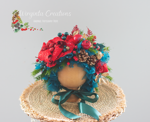 Handmade Flower Bonnet for Babies 6-24 Months |Red, Turquoise | Artificial Flower Headpiece for Photography