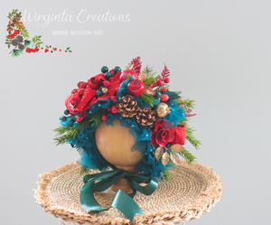 Handmade Flower Bonnet for Babies 6-24 Months |Red, Turquoise | Artificial Flower Headpiece for Photography