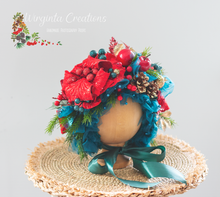 Load image into Gallery viewer, Handmade Flower Bonnet for Babies 6-24 Months |Red, Turquoise | Artificial Flower Headpiece for Photography