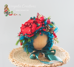 Handmade Flower Bonnet for Babies 6-24 Months |Red, Turquoise | Artificial Flower Headpiece for Photography