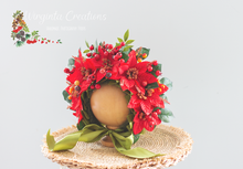 Load image into Gallery viewer, Handmade Flower Bonnet for Babies 6-24 Months |Red, Green | Artificial Flower Headpiece for Photography