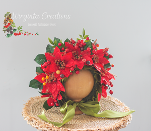 Handmade Flower Bonnet for Babies 6-24 Months |Red, Green | Artificial Flower Headpiece for Photography