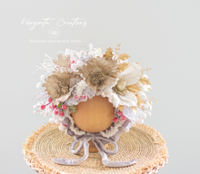 Load image into Gallery viewer, Handmade Flower Bonnet for Babies 12-24 Months |Red, Gold, White | Artificial Flower Headpiece for Photography