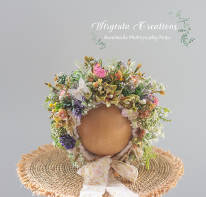 Meadow Flower Bonnet for 6-24 Months| Photography Prop| Green, Pink Flower Headpiece