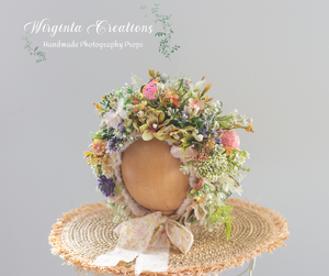 Meadow Flower Bonnet for 6-24 Months| Photography Prop| Green, Pink Flower Headpiece