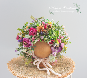 Meadow Flower Bonnet for 6-24 Months| Photography Prop| Green, Pink, Lilac, Orange Flower Headpiece