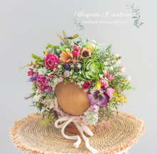 Load image into Gallery viewer, Meadow Flower Bonnet for 6-24 Months| Photography Prop| Green, Pink, Lilac, Orange Flower Headpiece