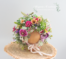 Load image into Gallery viewer, Meadow Flower Bonnet for 6-24 Months| Photography Prop| Green, Pink, Lilac, Orange Flower Headpiece