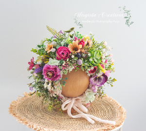 Meadow Flower Bonnet for 6-24 Months| Photography Prop| Green, Pink, Lilac, Orange Flower Headpiece