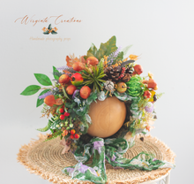 Load image into Gallery viewer, Woodlands, Forest Inspired Flower Bonnet for 6-24 Months| Photography Prop| Berries, Forest Fruits